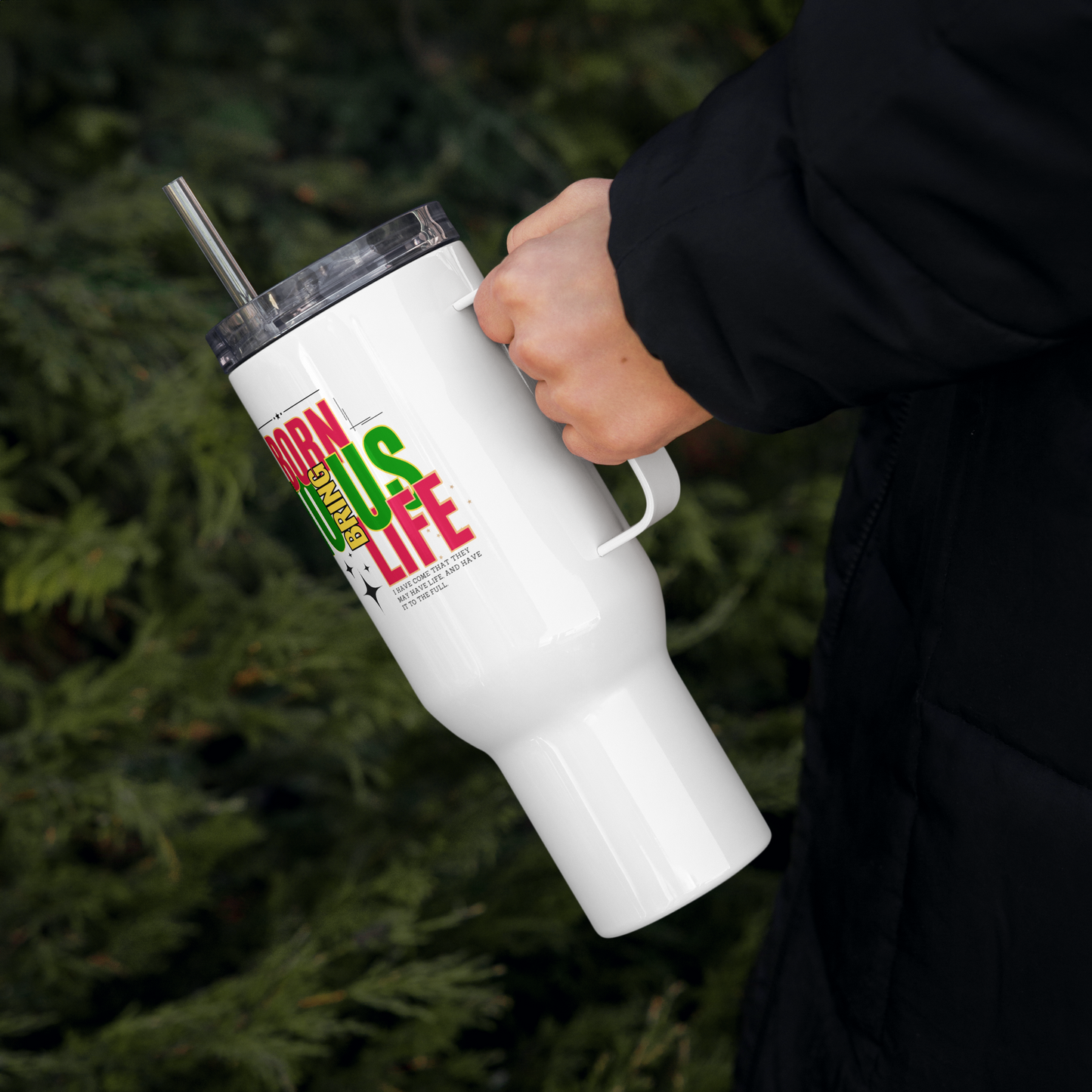 Travel Mug with Handle - Born to Bring Us Life - BeFaithinStyle.